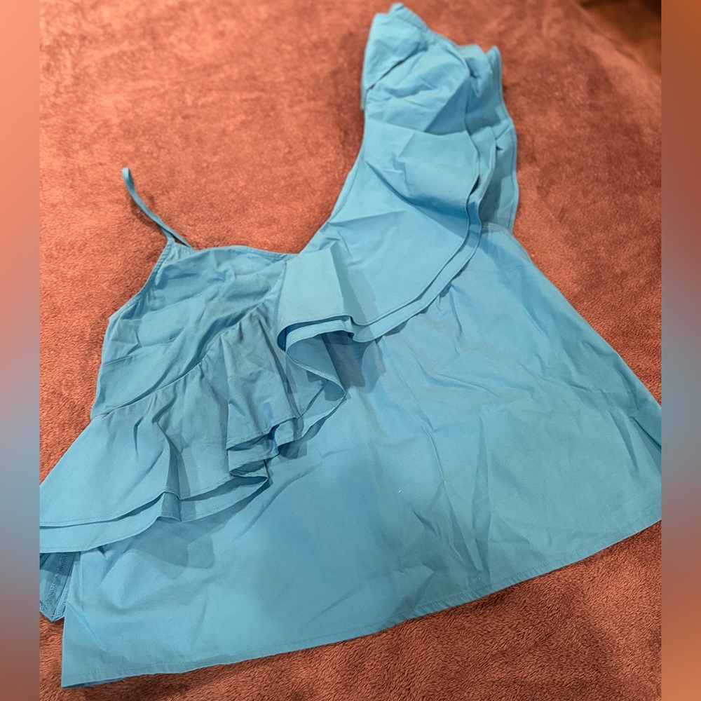 Free Press Turquoise Asymmetrical Ruffle Blouse - Picture 8 of 8
